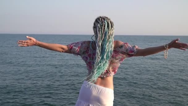Eine Frau vor dem Hintergrund des Meeres breitet ihre Arme wie Flügel zur Seite aus. Freiheitskonzept — Stockvideo