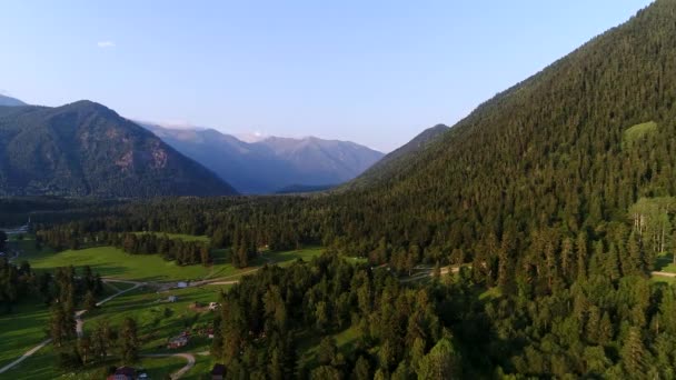 Εναέρια πανόραμα του πράσινου δάσους, ψηλά βουνά και μια όμορφη κοιλάδα — Αρχείο Βίντεο