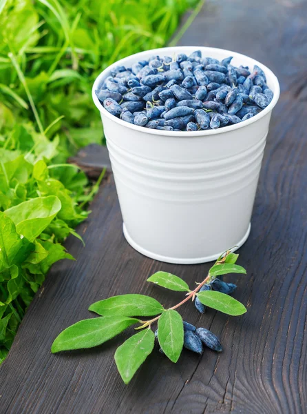 Honeysuckle berries in white bucket — Stock Photo, Image