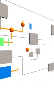 Akış şeması, endüstriyel süreç. Elementlerin çizelgesi, birbirine bağlı çizgiler ve geometrik şekiller. Strateji, harita, harita, çizelge, düğüm ağacı, bağlantı devrede. Dikey biçim, 3 boyutlu canlandırma