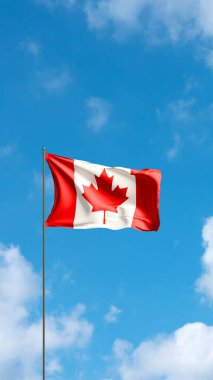 Bulutlu gökyüzüne karşı Kanada bayrağı. Kanada bayrağı rüzgarda sallanıyor, ulusal sembol. Ülke, ulus, birlik, bayrak, hükümet, Kanada kültürü, siyaset.