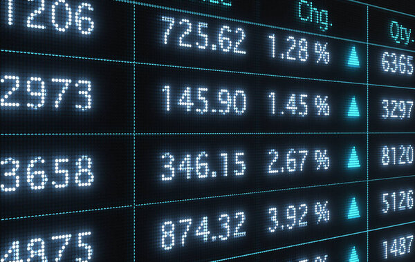 Бизнес-данные, проценты, доходность, финансовые показатели. Таблица с торговыми или рыночными данными. Иллюминированные числа, LED экран. 