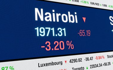 Kenya, Nairobi 'de düşen borsa. Kenya hisse fiyatları düşüyor. Risk, ticaret, çöküş, durgunluk, ayı pazarı. 3B illüstrasyon