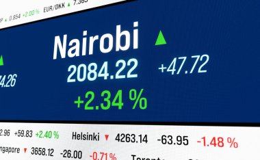 Kenya, Nairobi 'de yükselen borsa. Kenya hisse fiyatları yükseliyor. Portföy, pozitif dönüş, boğa pazarı, büyüme, ticaret, iş. 3B illüstrasyon