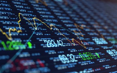 Haritalar, grafikler ve piyasa verileri ile soyut borsa ekranı, ticaret bilgileri. İş, finans piyasaları, büyüme, zenginlik, bankalar, araştırma, analiz. 3B illüstrasyon