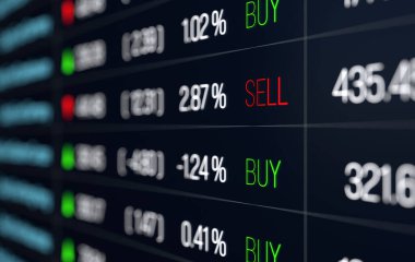 Kapanış tabelaları, hisse senedi fiyatları, veriler ve piyasa bilgileriyle ticaret ekranı. İş, yatırım, büyüme, fiyatlar yukarı ve aşağı, uçucu, piyasa riski.