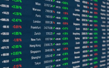 Finansal piyasalar, küresel borsa endeks verileri, ticaret kurulu. Yatırım, borsa verileri, fiyat, risk, strateji, analiz, iş. 3B illüstrasyon