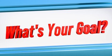 Hedefin ne? Parlak metalik pankart kırmızı ve mavi. İş hedefi, spor hedefi, kararlılık, strateji, planlama. 3B illüstrasyon