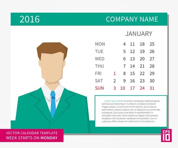 Modèle de calendrier janvier 2016 — Image vectorielle