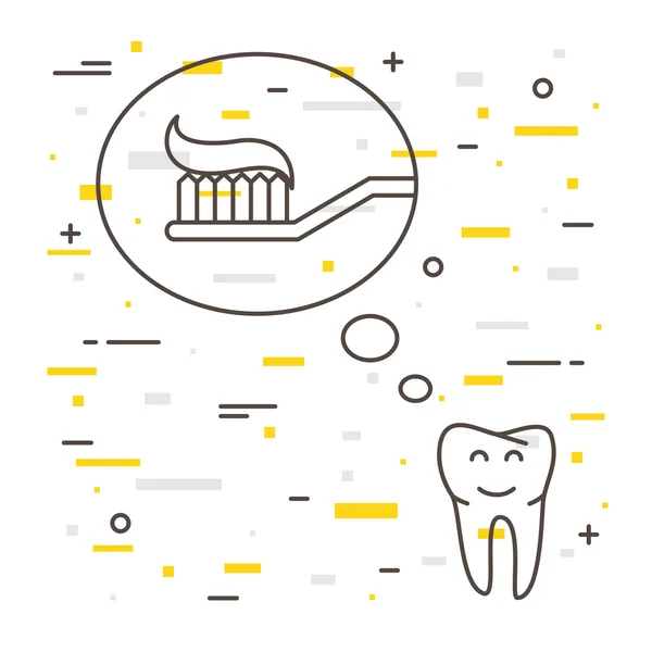 Tooth thinks about toothbrush with toothpaste — Stock vektor