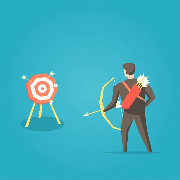 Archer homme d'affaires avec arc, flèches et cible — Image vectorielle