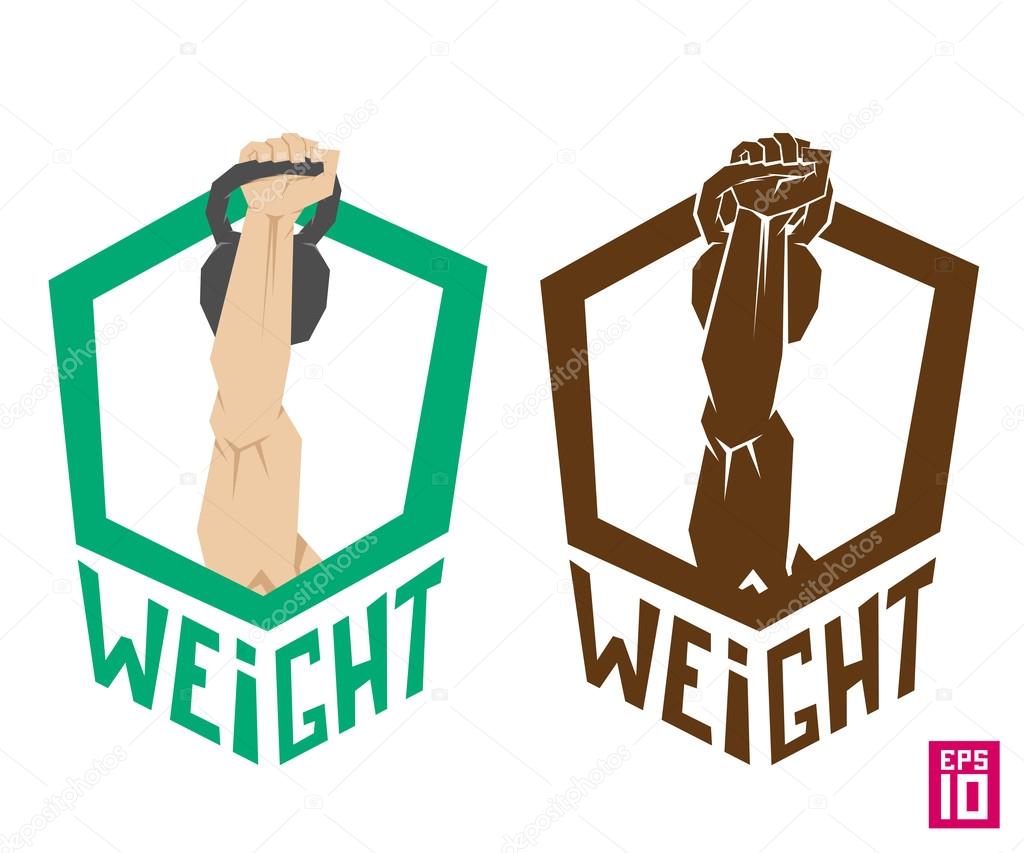 Vector styled fitness emblem. Weight label for logo and illustrations
