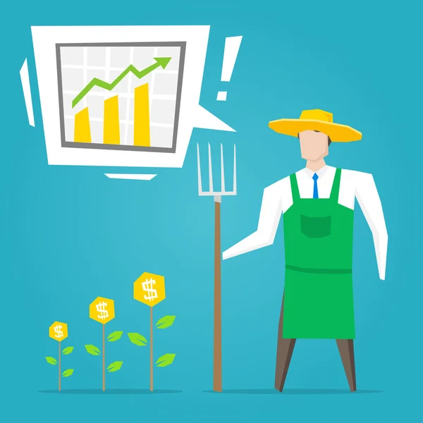 Бізнесмен фермер з доларними рослинами та діаграмою — стоковий вектор