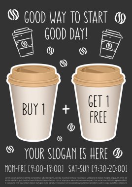 Promosyon kahvehane vektör şablonu. Kafe (satın 2 al 1 ücretsiz) kavramı için özel teklif.