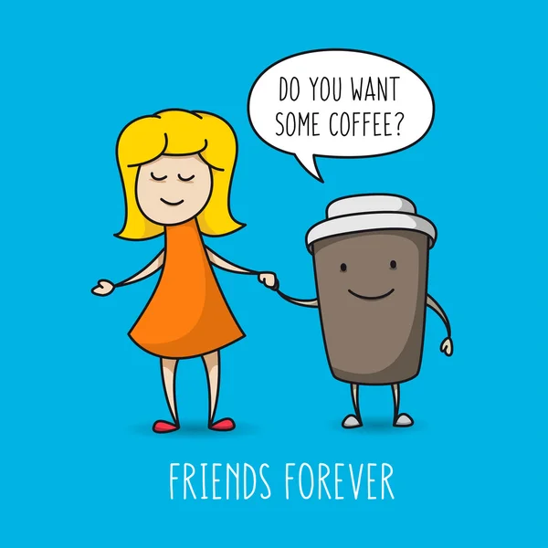 Illustration vectorielle fille et tasse à café sur fond bleu . — Image vectorielle