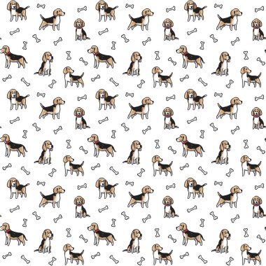 Beagle köpekleri, beyaz arka planda kusursuz bir yol izlerler. İz, kumaş, doku, duvar kağıdı, ambalaj, tekstil vs. için av köpekleri ve kemikleriyle yaratıcı karalama tarzı..