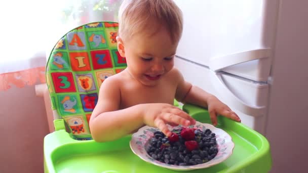 Niño comiendo bayas maduras — Vídeos de Stock