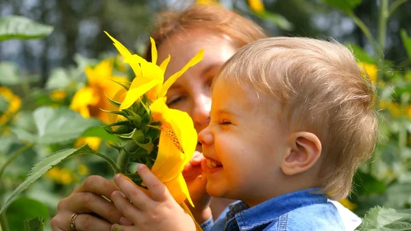 Το παιδί σε μητέρες χέρια παίζοντας με λουλούδι — Φωτογραφία Αρχείου