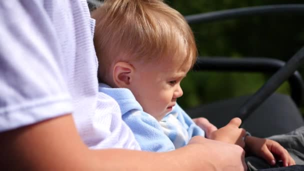 Father holds child on hands — Stock Video