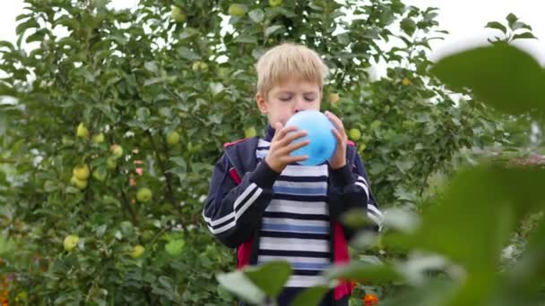 Kind im Garten bläst blauen Luftballon auf — Stockvideo