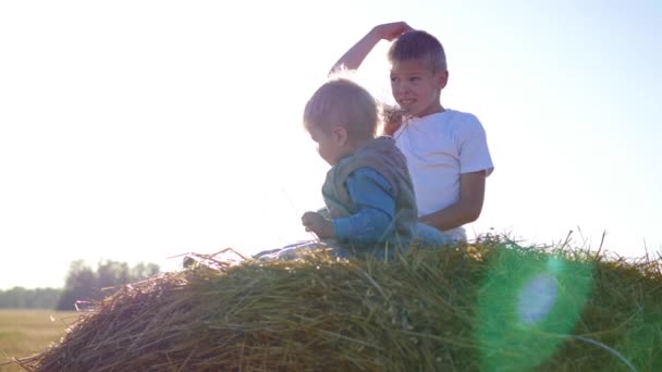 Дети играют на стоге сена на солнце — стоковое видео