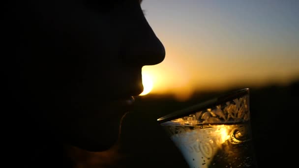 Menina beber vinho ao pôr do sol — Vídeo de Stock