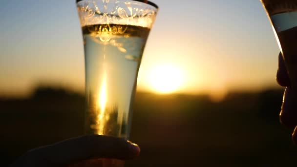 Kieliszki do wina clink o zachodzie słońca — Wideo stockowe