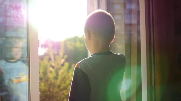 Il bambino agita la mano attraverso la finestra aperta — Video Stock