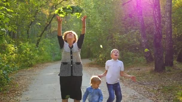 Mulher com filhos joga as folhas — Vídeo de Stock