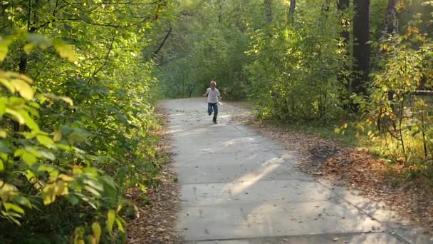 Niño corriendo por un sendero en un parque — Vídeos de Stock