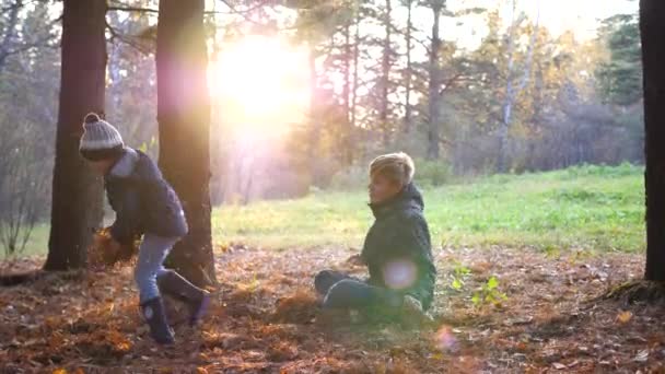 Children play in the pine Park, run around the trees, throw leaves. The suns rays penetrate the pine forest. The laughter and joy of the family. — Stock Video