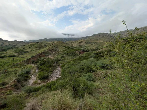 Layers of hills recede to the horizon under an overcast sky. The foreground is filled with scrub, stones, and a splash of autumnal color, showcasing the wild beauty of the region.