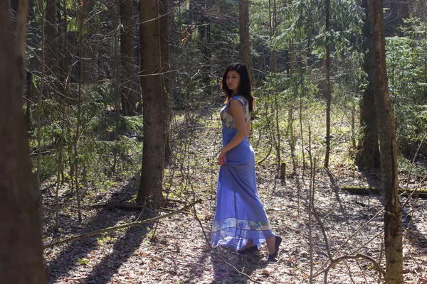 День, китайська жінка, прогулянок у лісі, брюнетка, довгі сукні — стокове фото