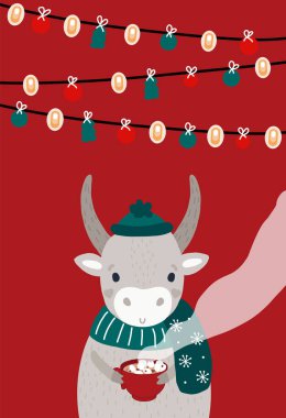 Şapkalı şirin bir boğa ve elinde sıcak kakao olan bir eşarp..