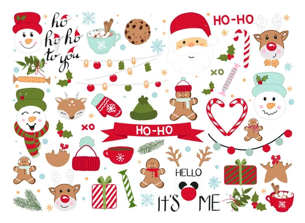 Bir dizi Noel elementi. Kar taneleri, Noel Baba, geyik, hediyeler, el yazısı, harfler, hayvanlar, kakao ve diğer elementler. Kartpostallar, özgeçmişler, ambalaj kağıtları, çıkartmalar ve daha fazlası için uygun