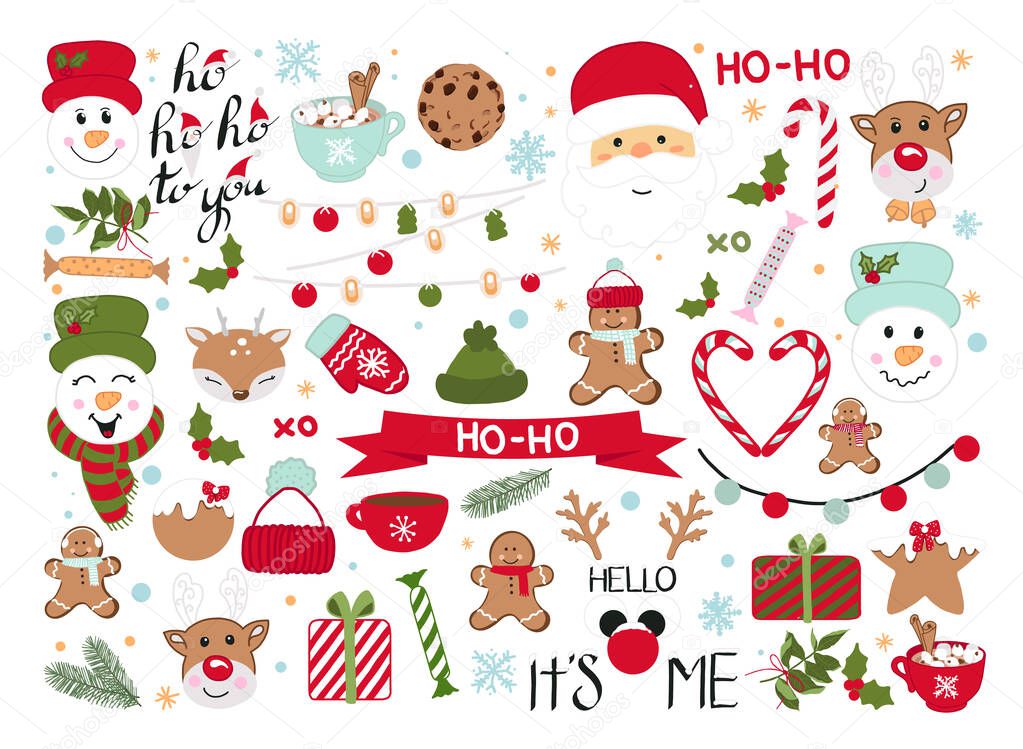 Set of Christmas elements. Snowflakes, Santa Claus, deer, gifts, calligraphy, lettering, animals, cocoa and other elements. Suitable for postcards, backgrounds, wrapping paper, stickers and more