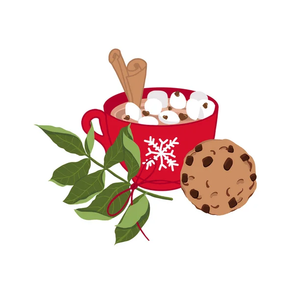 Taza roja con chocolate caliente o cacao, malvaviscos, canela, gotas de chocolate. Galletas con chispas de chocolate y una rama de árbol. Elemento de diseño de tarjeta de felicitación navideña. Ilustración vectorial aislada — Vector de stock