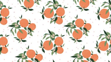 Turuncu çiçekli, dikişsiz desen. Portakal dalları, yapraklar ve beyaz arkaplan renkleri. Kağıt, kapak, kumaş, iç dekorasyon ve diğer kullanıcılar için modern egzotik tasarımlar.