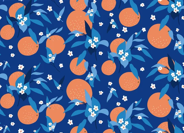 오렌지 꽃 모양의 솔기없는 무늬. 오렌지색, 나뭇잎, 파란색 배경의 추상적 인 가지들. 종이, 표지, 직물, 내부 장식 및 기타 사용자들을 위한 현대의 이 색적 인 설계. — 스톡 벡터