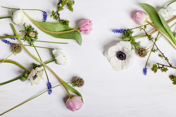 Flores de primavera diferentes em madeira branca — Fotografia de Stock