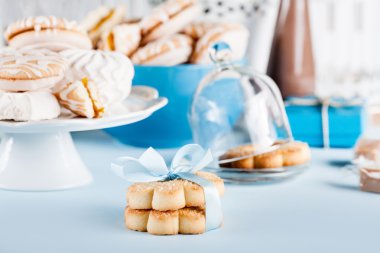 Baby shower in blue with sweets and chocolate milkshakes