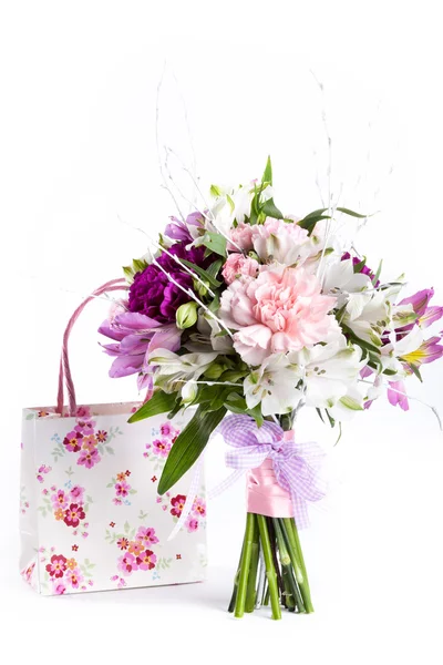 Pastel bouquet from pink and purple gillyflowers on white with g — Stock Photo, Image