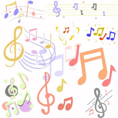 Beyaz arka planda notalar. Çeşitli nota işaretleri. Renkli notalar arka plan