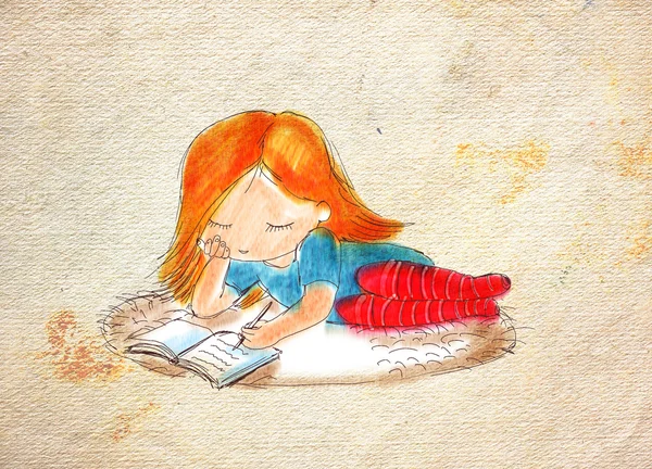 Ilustracja pisania czerwony-wĹ, osy dziewczynie, która leży na dywanie. Tło — Zdjęcie stockowe