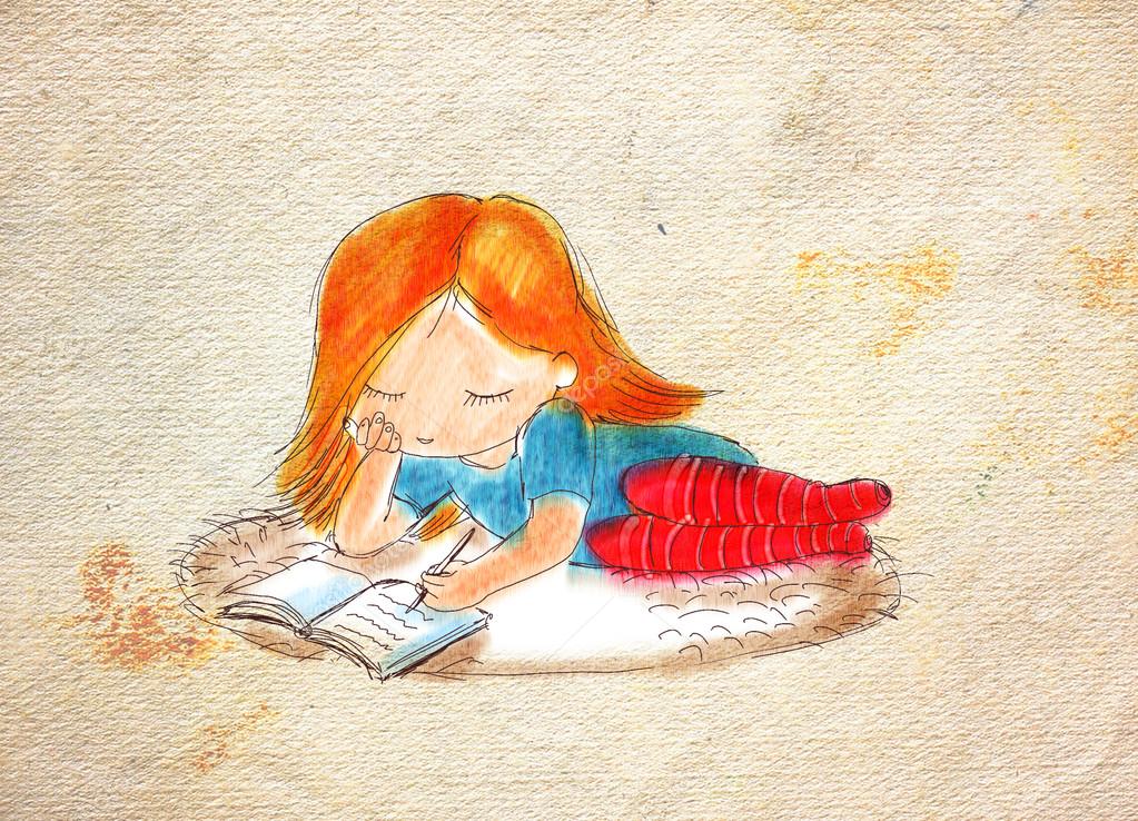 Illustration of writing red-hair girl, who lying on the carpet ...