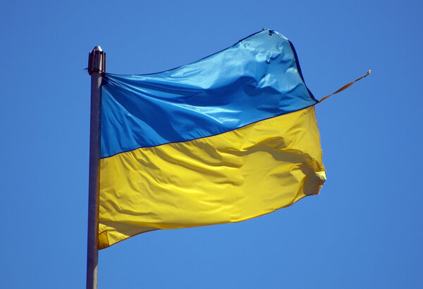 большой порванный украинский флаг развевается на ветру против голубого неба
