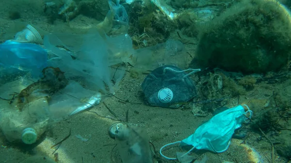 Dead Greater weever fish (Trachinus draco) hitting trapped in plastic bag lies inside plastic bag on the seabed among the medical face mask, plastic and other garbage. Plastic pollution of Ocean.