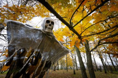 Altın sonbahar yapraklarıyla dolu bir ormanda korkunç bir Cadılar Bayramı Azraili kafatası suratlı ve yırtık pelerinli ağaçtan sarkıyor..