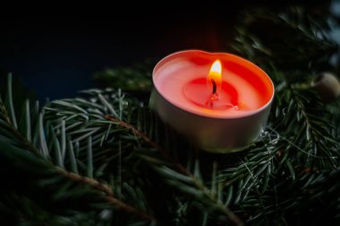 Parlayan turuncu bir mum yeşil çam iğnelerinin üzerinde nazikçe yanarak sıcak, şenlikli ve samimi bir tatil atmosferi yaratır. Kopyalama alanı olan koyu arkaplan.
