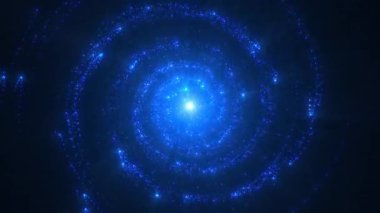 Mavi enerji girdabında dönen soyut, parlayan elektronik parçacıklar, soyut bir arkaplanda parlıyor ve kıvrılıyor. 4k video.